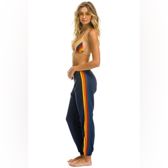 Aviator Nation Pants - Aviator Nation Navy Track Pants with Yellow & Orange Side Stripe